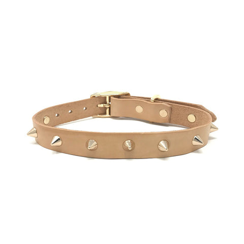Smooth Spike Leather Collar and Leash set - Gold Tan